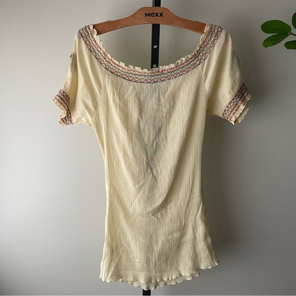Vintage Boho Embroidered Floral 100% Cotton Off Shoulder Blouse Top Shirt Yellow - Picture 3 of 8